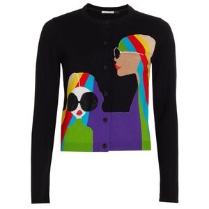 Alice + Olivia Black Multicolor Graphic Cardigan